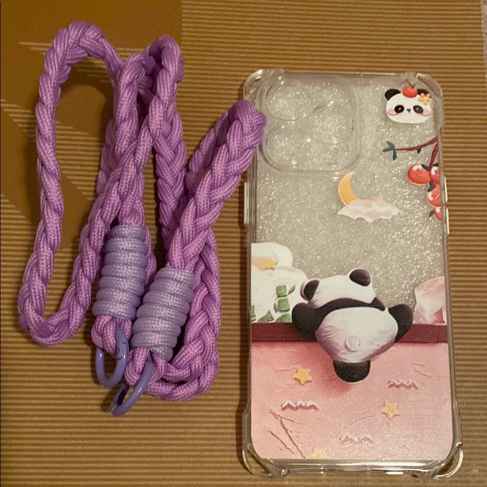 Cute Panda Phone Case with Purple Strap
